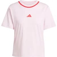 Pink Adidas women's T-shirt with red logo and trim, short sleeves, and crew neck.