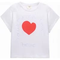 White Women's T-shirt Artlove Felina with red heart design and blue cursive text on front.