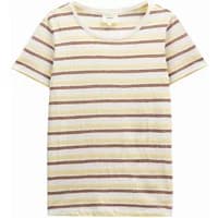 Women's T-shirt Artlove Loumira with cream base and horizontal brown and yellow stripes, short sleeves, round neckline.