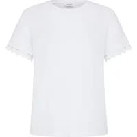 White women's T-shirt by b.Young with short sleeves and scalloped edges.