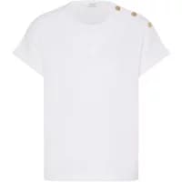 White women's T-shirt by b.young with short sleeves and three gold buttons on the shoulder.