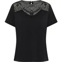 Black women's T-shirt CULTURE Xandra with lace detailing on shoulders and neckline, short sleeves, and a relaxed fit.