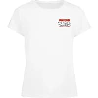 White women's T-shirt by Dangerous DNGRS with red "NameTag" graphic on the chest.