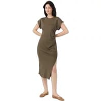 Women's t-shirt dress Artlove Ariel, olive green, short sleeves, round neck, side slit, knee-length.
