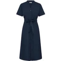 Navy blue women's t-shirt dress by fransa Frfanty, short sleeves, button-down front, and waist tie.