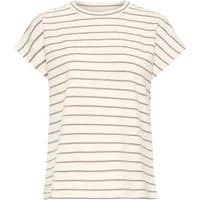 White women's T-shirt with thin black horizontal stripes and short sleeves by fransa Fauna 1.