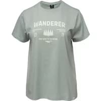 Gray Hi-Tec Relia women's T-shirt with "Wanderer" text and tree graphic on chest, short sleeves, and crew neckline.