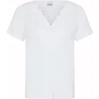 White women's T-shirt by Ichi with scalloped V-neck and short sleeves.