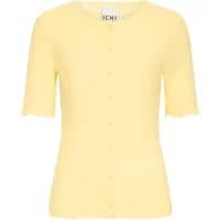Yellow women's T-shirt by Ichi, short sleeves, round neckline, button-up front, ribbed texture.