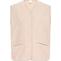 Beige women's T-shirt by Ichi IHXember Wa, short sleeves, V-neck, subtle texture, small logo on lower left.