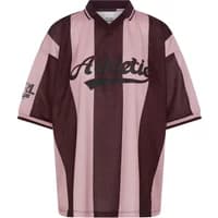 Pink and brown striped women's T-shirt by Ichi with "Athletic" text on front and logo on sleeve.