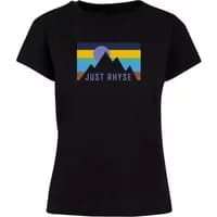 Black women's T-shirt with colorful mountain graphic and "Just Rhyse" text on the front.