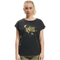 Black women's T-shirt with gold "Just Rhyse" logo and star pattern, short sleeves, crew neck.