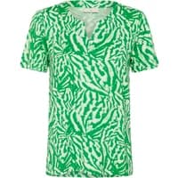 Green and white patterned women's T-shirt KAFFE KABella with short sleeves and a V-neck.