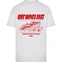White women's T-shirt with red "Life Moves Fast Grab What Is Good" text and graphic design on the front.