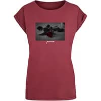 Women's burgundy T-shirt with rolled sleeves, featuring a black and white rose graphic and "Passion" text on the front.