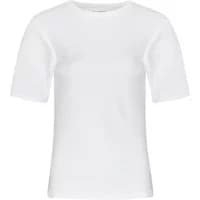 Women's white Moss Copenhagen Mellona T-shirt with short sleeves and a round neckline.
