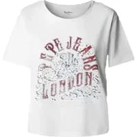 White women's T-shirt by Pepe Jeans with red "Pepe Jeans London" text and floral graphic design.