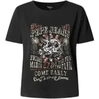 Black women's T-shirt by Pepe Jeans with vintage-style graphic and text in white and red.