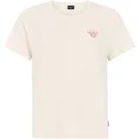 Cream women's T-shirt by Protest with short sleeves, round neck, and small pink logo on the chest.