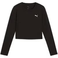 Black Puma Essential women's long-sleeve T-shirt with white Puma logo on chest, cropped fit.