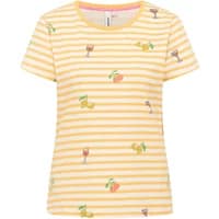Yellow and white striped women's T-shirt with small fruit and drink illustrations, short sleeves, and round neckline.