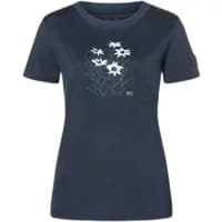 Navy women's T-shirt with white Edelweiss floral design on chest, short sleeves, and round neckline.