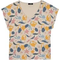 Women's TBS Mytsy T-shirt with a V-neck, short sleeves, and a colorful floral pattern on a cream background.