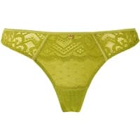 Lime green lace tanga by Morgan Lexi with intricate floral patterns and a small gold charm on the waistband.