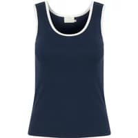 Navy blue women's tank top with white contrast trim and scoop neckline by Kaffe.