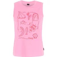 Pink women's tank top by Protest with red line art of beach scenes, including waves, palm tree, and seashell.
