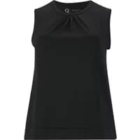 Black women's tank top by Q Sportswear, sleeveless with a round neckline and subtle pleat detail at the front.