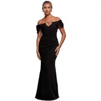 Black Goddiva Diamante Heart Trim Maxi dress, off-shoulder, fitted silhouette, heart-shaped neckline detail.