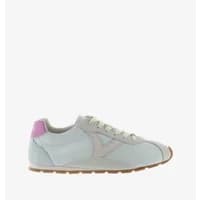 White women's trainers with pink heel accent, beige laces, and gum sole, featuring a subtle side logo.