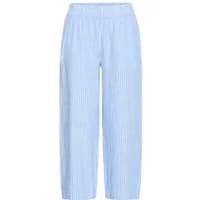 Light blue women's trousers by b.young, featuring vertical white stripes and an elastic waistband.