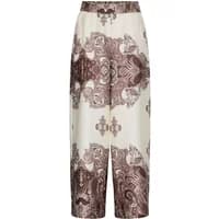 Women's trousers by b.Young, cream with intricate brown paisley pattern, elastic waistband, wide-leg design.