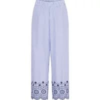 Light blue women's trousers by b.Young with elastic waistband and floral lace hem detailing.