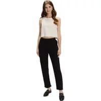 Black Greenpoint women's trousers, straight-leg, mid-rise, with side pockets, worn with a white sleeveless top.