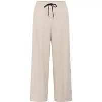 Beige women's trousers by Kaffe, wide-leg fit, elastic waistband, black drawstring.