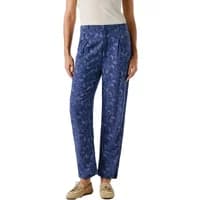 Blue patterned women's trousers by Pepe Jeans Amanda, loose fit with pleats, worn with beige shoes and white top.