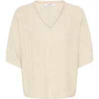 Cream b.young Mobbe 2 women's V-neck sweater with short sleeves and ribbed texture.