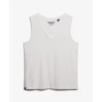 White V-neck tank top by Superdry Studios, sleeveless with a relaxed fit and subtle logo tag at the hem.