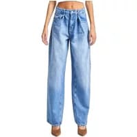 High-waisted relaxed blue jeans with a light wash and wide legs, featuring front pockets and belt loops.