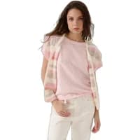 Women's vest Artlove Auriste, cream with pink and beige stripes, sleeveless, open front, worn over a pink top.