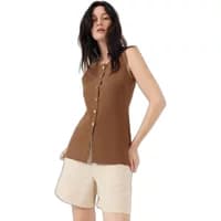 Brown sleeveless women's vest by Artlove Enorise, button-front, tailored fit, paired with beige shorts.