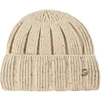 Beige ribbed knit beanie with visible structure and speckled details, featuring a small logo patch.
