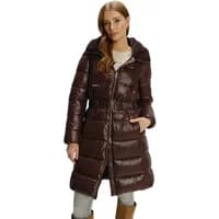 Women's Waist Belt Puffer Jacket by Greenpoint, brown, hooded, quilted design, belted waist, knee-length.