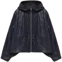 Black waterproof cropped field jacket with hood, front zipper, and angular pockets by Krakatau.
