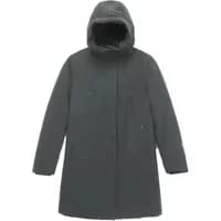 Dark gray women's waterproof jacket with hood, sleek design, and front zipper by Krakatau Mercury Technical Fabric.