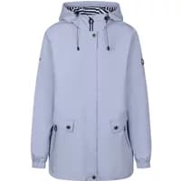 Light blue women's waterproof jacket with hood, drawstrings, striped lining, front pockets, and elastic cuffs.